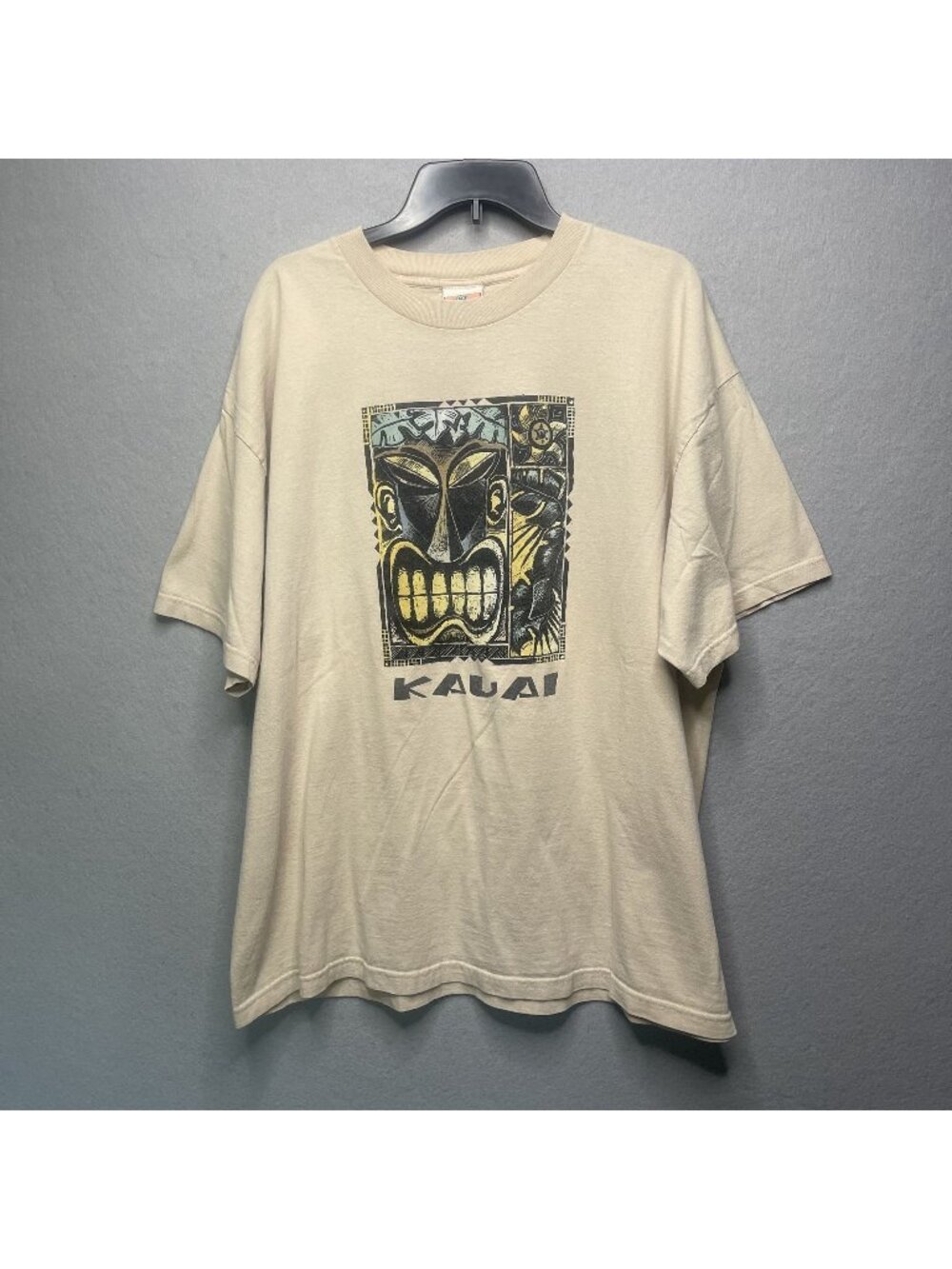 Vintage SGT LEISURE Kauai Tiki Graphic T-Shirt XXL Beige Cotton Made In USA